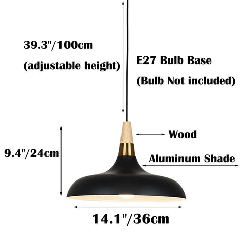 Wood Metal Colorful Pendant Light, Simple Farmhouse Lighting, Indoor Rustic Fixture, 14.1" aluminum shade, 39.3" adjustable height.