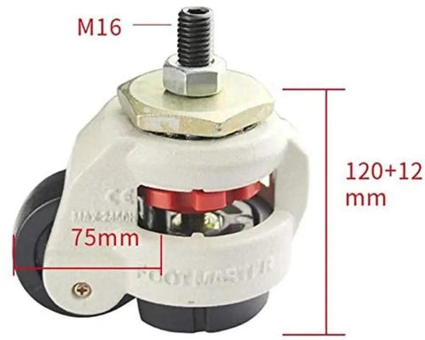 Heavy Duty Swivel Castor Wheels Set Of Four For Home And Shop Projects Featuring Height Adjustable Rock Solid Mounts With Smooth Rolling Metal Rubber Casters That Moves Big Loads No Sweat Or Hassle. Close-up of swivel caster with height adjustment.
