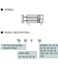 Side view schematic of aluminum twin-rod pneumatic cylinder, double-acting; bore sizes 10–32 mm, strokes 10–200 mm.