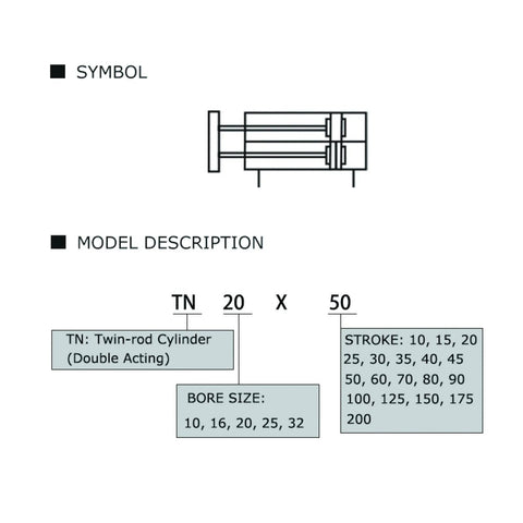 Side view schematic of aluminum twin-rod pneumatic cylinder, double-acting; bore sizes 10–32 mm, strokes 10–200 mm.