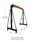Rugged 2 Ton Telescoping Gantry Crane Portable Shop Lift Frame with adjustable height shown from the side with dimensions.