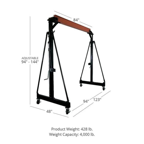 Rugged 2 Ton Telescoping Gantry Crane Portable Shop Lift Frame with adjustable height shown from the side with dimensions.