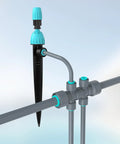 Close-up of 6 Way Plug And Play Quick Connector 12 To 6mm Drip Irrigation Kit Accessories showing hose connections and fittings.