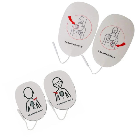 Four gray AED training pads with chest-placement diagrams; training-only defibrillator practice kit (4-pack)