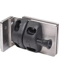 Built Different Heavy Duty Brushed Stainless Steel Gate Latch For Half Inch Tempered Glass Out Swing Pool Gate Wall Or Square Post Mount Dead Simple Installation - close-up view of latch mechanism on metal plate.
