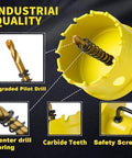 Front view of DWIKE 24-piece carbide hole saw kit (5/8''–3'') with yellow case and upgraded pilot drill bit