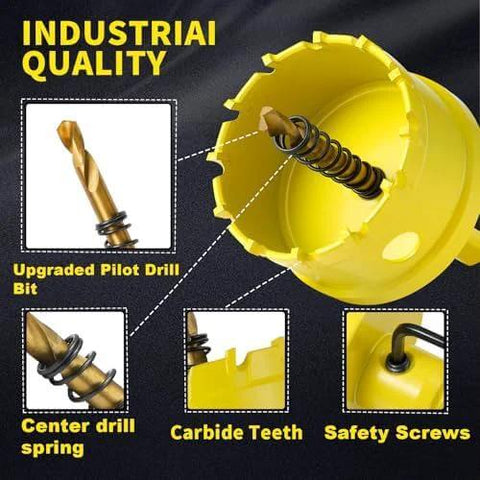 Front view of DWIKE 24-piece carbide hole saw kit (5/8''–3'') with yellow case and upgraded pilot drill bit