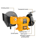 Heavy Duty Wet Dry Bench Grinder With Six And Eight Inch Grinding Wheels Powered By A Rugged 2.1 Amp Motor, showcasing grinding wheels and features.