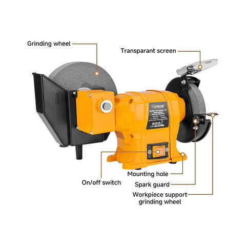 Heavy Duty Wet Dry Bench Grinder With Six And Eight Inch Grinding Wheels Powered By A Rugged 2.1 Amp Motor, showcasing grinding wheels and features.