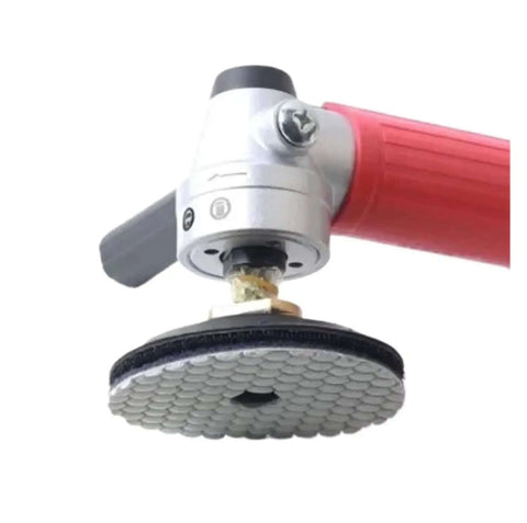 Close-up of Hardcore Slick 5 Inch Pneumatic Angle Grinder With Adjustable Speed Control showing grinding pad for precision polishing.