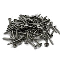 Pile of marine-grade stainless steel #10 x 1-1/4 in truss-head deck screws, 100 pcs, exterior use.