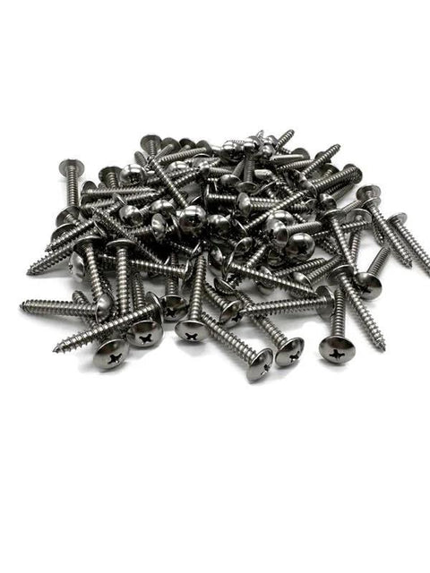 Pile of marine-grade stainless steel #10 x 1-1/4 in truss-head deck screws, 100 pcs, exterior use.