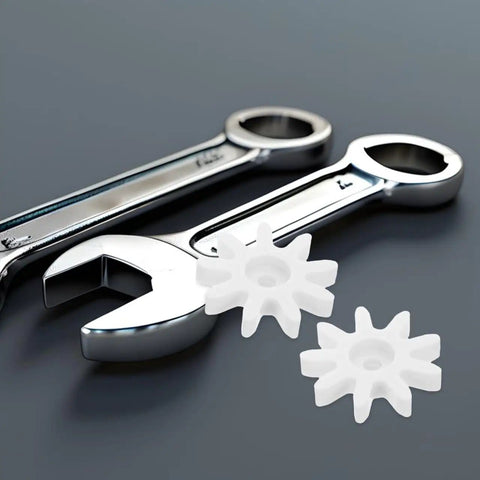 4 Piece 9 Tooth Plastic Gear Set For Gumball Machines And Coin Operated Dispensers next to two metal wrenches