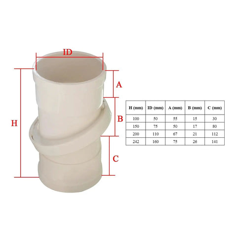 DIY Ready 360 Degree PVC Elbow Joint Pipe Fitting For Water And Drain Lines Fits 50mm 75mm 110mm And 160mm ID Rotating Connector For Home Improvement Projects, white PVC fitting with size chart