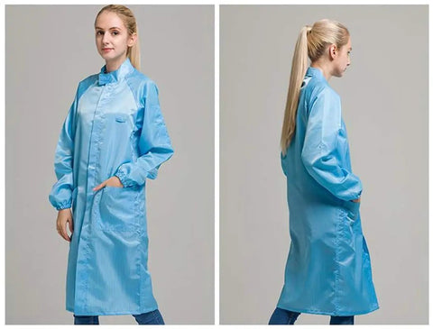 Straight Up ESD Anti Static Lab Coat With Long Sleeve For Men And Women Solid Stand Collar Zip Front Science Jacket Built Different Polyester Workwear Uniform That Handles Every Rough Shift Without Skipping A Beat In Clean Blue worn by a model, showcasing front and side views.