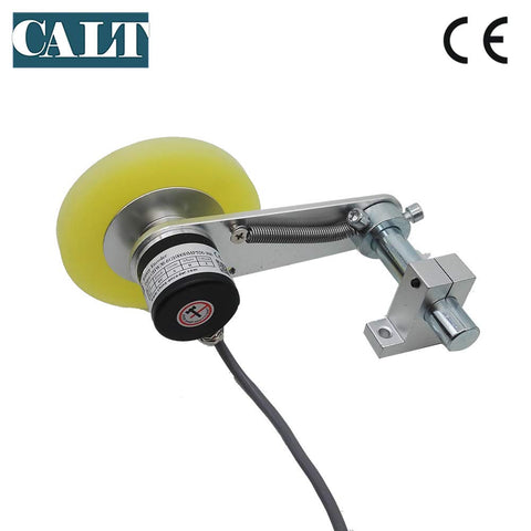 300mm Roller Wheel Encoder With 200PPR Push Pull Output, Steel Mount Bracket For Lift Rail, Length Metering Sensor, 5 To 26V Power, Proportional Pulse Output For Accurate Length Or Distance Measurement on yellow wheel