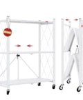 Three Tier Foldable Storage Shelves With Wheels No Assembly Rolling Cart For Kitchen Garage Basement And Pantry White Freestanding Metal Wire Rack To Tame Clutter And Move It Easily, folded flat