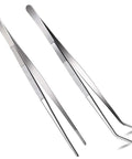 12 Inch Long Stainless Steel Tweezers And Nippers Set With Straight And Curved Tips, Serrated Jaws, And Ridged Grooved Handles For Garden Kitchen
