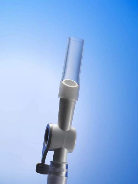 Close-up of Lifevv catheter valve with clear tubing and white lever tap