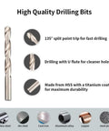 Front view of AKM 338Pc thread repair kit drill bits infographic; 135° split point, U-flute, titanium coating.