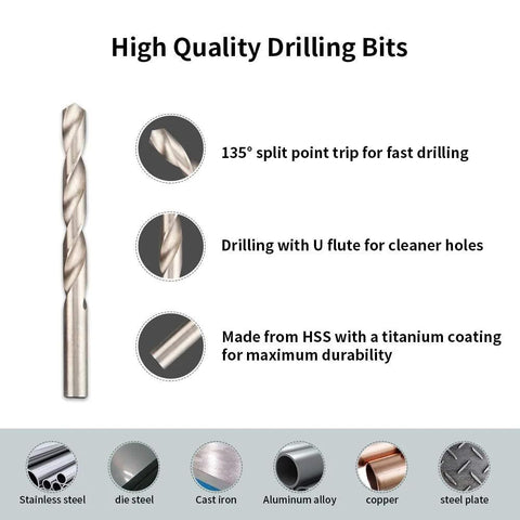 Front view of AKM 338Pc thread repair kit drill bits infographic; 135° split point, U-flute, titanium coating.