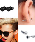 20 Pairs Stainless Steel Earrings Set For Women And Men Pack With Black And Silver Studs Round Disc Ball Studs Square Cubic Zirconia Dangle Earrings Small Huggie Hoops Fashion Jewelry For Everyday Wear, black and silver stud close-up