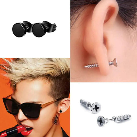 20 Pairs Stainless Steel Earrings Set For Women And Men Pack With Black And Silver Studs Round Disc Ball Studs Square Cubic Zirconia Dangle Earrings Small Huggie Hoops Fashion Jewelry For Everyday Wear, black and silver stud close-up