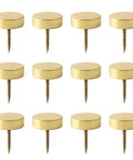 Twelve decorative gold metal caps with screws, Knockout Brass Screw Covers And Decorative Gold Metal Caps That Straight Up Hide Ugly Fastener Holes On Wood Durable Decorative Nail Slugs With A Slick Brushed Look In A Tight 12 Piece Set.