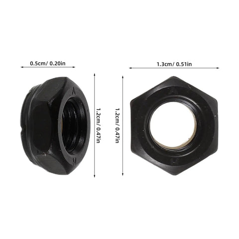 Heavy Duty M8 Locking Nuts For Skateboard Trucks 50 Piece Bombproof Iron Hardware Kit, showing dimensions and details.
