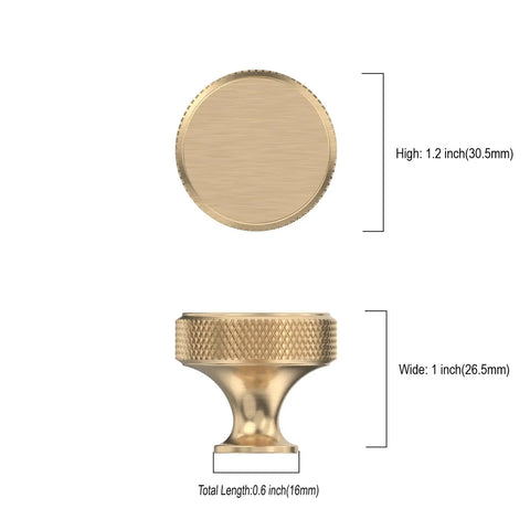 Top and side view of Matte Gold Knurled Cabinet Knobs Ten Pack For Dresser And Kitchen Cabinets, 1.2 inch diameter, dimensions labeled.
