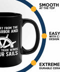 11oz Black Dope Ocean Vibe Coffee Mug For Sailors And Fishermen with nautical wheel quote and ceramic material durability highlights.