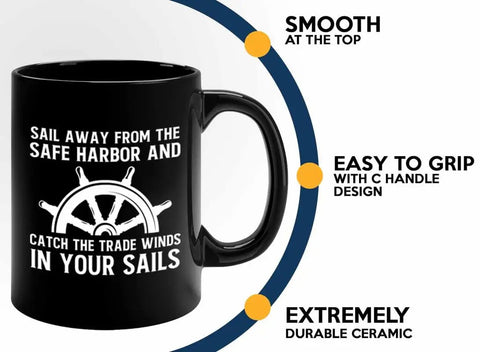 11oz Black Dope Ocean Vibe Coffee Mug For Sailors And Fishermen with nautical wheel quote and ceramic material durability highlights.