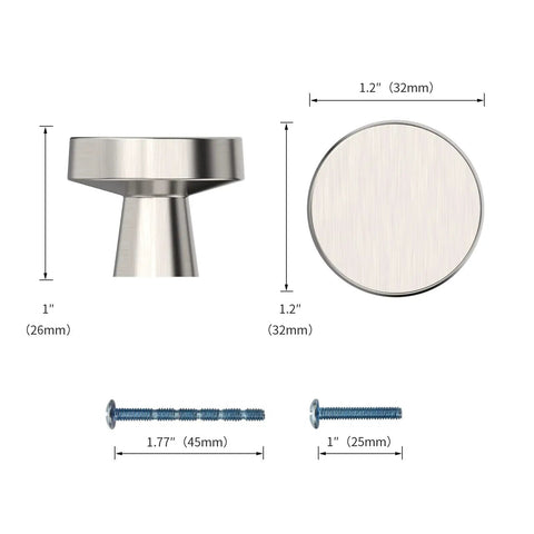 Brushed Satin Nickel Cabinet Knobs Six Pack Zinc Alloy Drawer Pulls dimensions 1 inch height 1.2 inches diameter with screws
