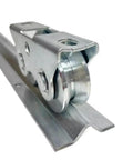 Top Shelf Iron Sliding Door V Wheel Track Rollers For Courtyard Gates And Fence Systems Featuring Smooth As Butter Glide Industrial Grade Replacement Hardware Set close-up of heavy duty iron roller on track.