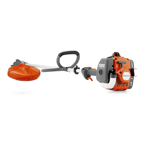 Side view of 122RJ Gas Powered Brushcutter With Multi Purpose Yard Tool String Trimmer Head And Grass Blade Adjustable Harness For Extra Support