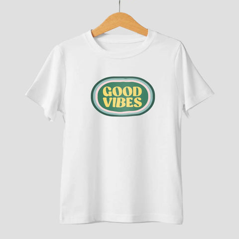 White tee with 'Good Vibes' print on hanger, demonstrates Heat Transfer Paper For Light Tees 20 Sheets 8.5x11 Printable HTV Iron On For Inkjet Printers Easy Weeding Bright Colors No Layering Needed Works With Joy Xtra Explore Maker.