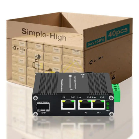 Bulk 40 Pack Factory Price Industrial Gigabit PoE Switch With 3 Ports, Fiber SFP Slot next to product packaging