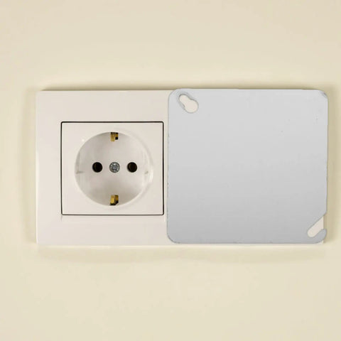 4 Pack Square Electrical Box Cover Plates For Blank Control Panels Or Junction Boxes next to a wall socket