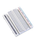 400 Tie Point Breadboard With Dual Power Rails For Jumper Wires Three Pack White PP Plastic Body With Black Legend And Color Distribution Strips Self Adhesive Backing For Easy Mount On Prototyping Shields And DIY Electronics Projects, angled view