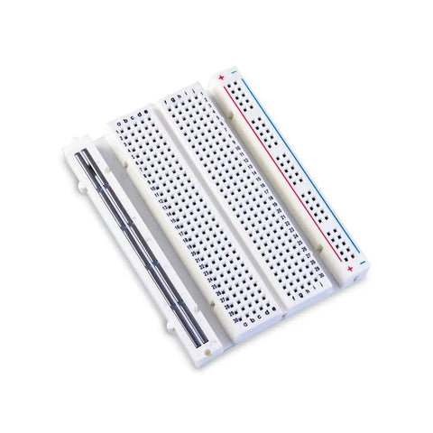 400 Tie Point Breadboard With Dual Power Rails For Jumper Wires Three Pack White PP Plastic Body With Black Legend And Color Distribution Strips Self Adhesive Backing For Easy Mount On Prototyping Shields And DIY Electronics Projects, angled view