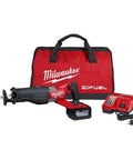 Professional Grade M18 Fuel Super Sawzall Cordless Reciprocating Saw Kit With Brushless Motor, battery, charger, and carrying bag.