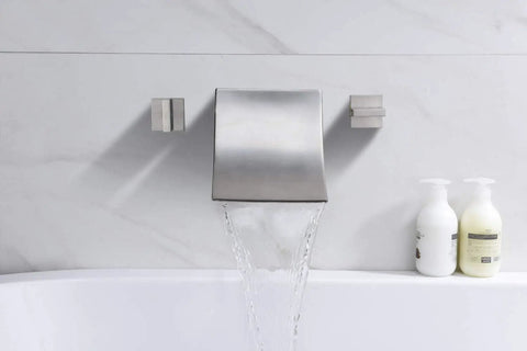 Wall Mount Waterfall Tub Faucet Three-Hole Brushed Nickel, Solid Brass Bath Filler With Ultra High Flow in use