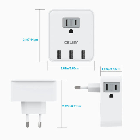 Six In One European Travel Plug Adapter With Three US Outlets And Three USB Ports Type C Converter For US To Europe Travel
