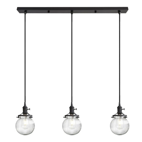 Three Light Linear Pendant Island Lighting With 5.9 Inch Globe Striped Glass Shades, Hanging Light Fixtures