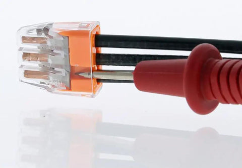 Side view of Push-In Wire Connectors Assorted Pack 2-Port 3-Port 4-Port 75 Pieces No-Twist Design with wires inserted