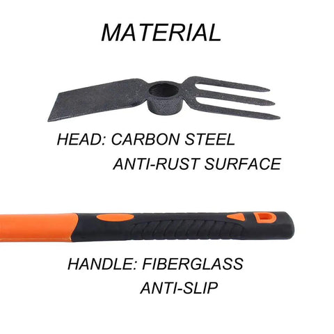 Dual Head Garden Rake Hoe With Heavy Duty Forged Adze And Ergonomic Non Slip Handle For Loosening Soil Gardening Projects Camping And Outdoor Use 39mm 15 Inch showing carbon steel head and fiberglass handle