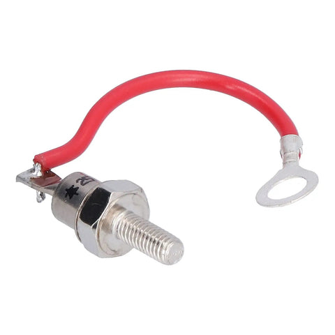 Heavy Duty 25A 1200V Rectifier Diode Module Built Rock Solid With Premium Molybdenum Construction And Clean Spiral Heat Sink Design For Zero Fuss Industrial Power Conversion with a threaded connection and red wire.