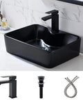 Matte Black Vessel Sink With Faucet And Drain Combo For Bathroom, 19 By 15 Inches Rectangular Above Counter Ceramic Art Basin