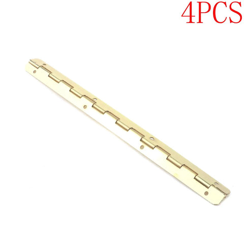 Sturdy As A Rock Gold Metal Piano Hinges Extended Folding Butt Strip Hardware For Cabinets Doors And Home Upgrade Bundled With All Necessary Mounting Screws Pack Of Four, flat view of four gold hinges.