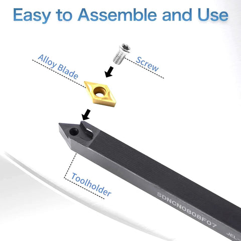 Lathe tool holder with gold carbide insert and screw (exploded assembly view)